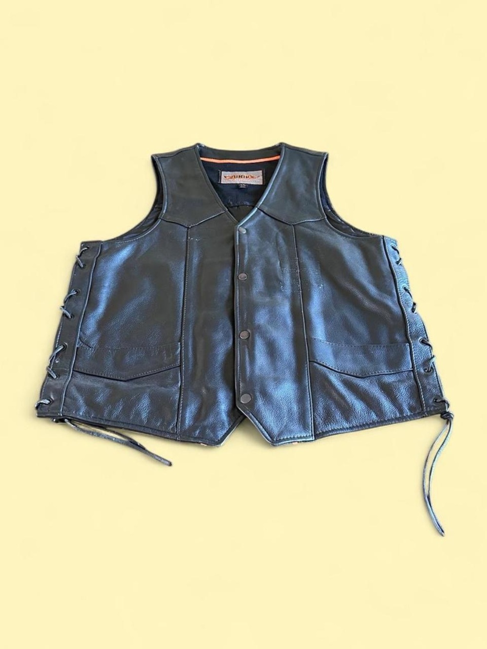 Vintage UNIK Black Heavyweight Leather Motorcycle Biker Vest Lace Up Men’s L Tal